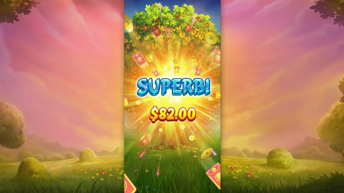 Pemandangan estetis dari Lucky Fortune Tree dengan simbol koin emas dan latar belakang lembah yang tenang.